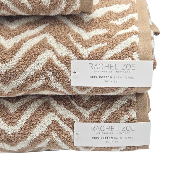 Rachel Zoe 4pc Tan Beige Chevron Print Cotton Towel Set 2 Bath 2 Hand - Picture 4 of 7